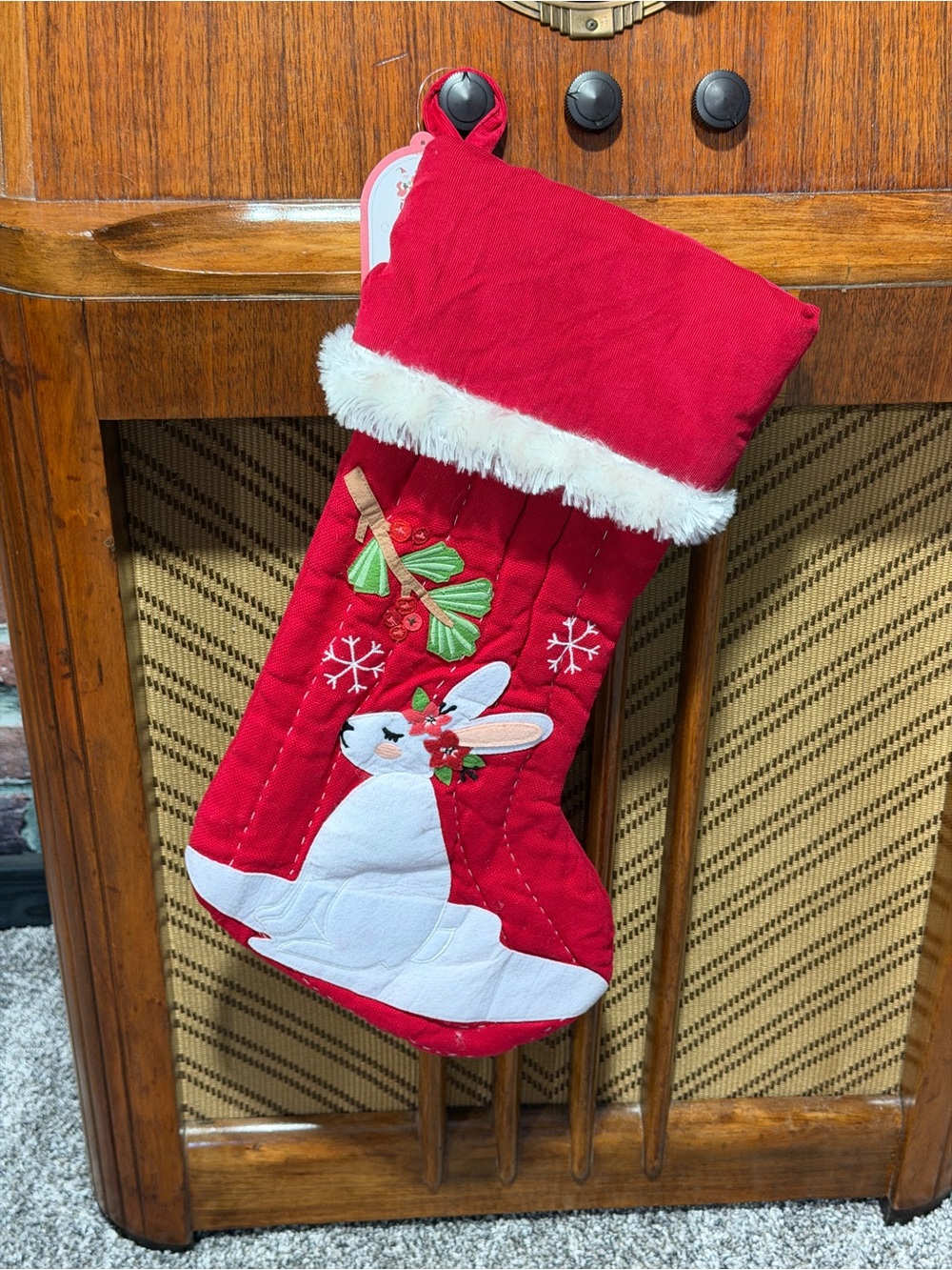 Pottery Barn kids woodland Bunny Christmas Stocking with White Fur Trim